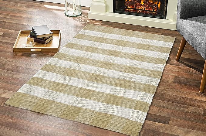 GLAMBURG Cotton Buffalo Check Plaid Rug, Washable Handwoven Checkered Rug, 22x34, Beige Natural, Kitchen Bathroom Outdoor Porch Laundry Living Room, Farmhouse Reversible Rag Rug
