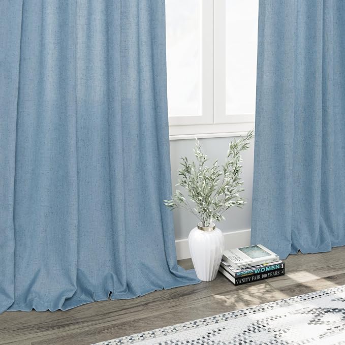 Nanspring Blue Linen Curtains for Living Room 2 Panels Set Extra Long Back Tab Light Filtering Semi Sheer Curtain Drapes for Bedroom Neutral Farmhouse Ceiling to Floor for Large Window 52x100