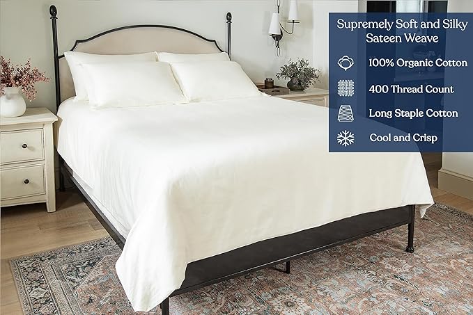 GOTS Certified 100% Organic Cotton Sheets, 400TC Long Staple Cotton, Ultra Soft Silky, Moisture-Wicking, Smooth & Breathable, with Elasticized Deep Pocket