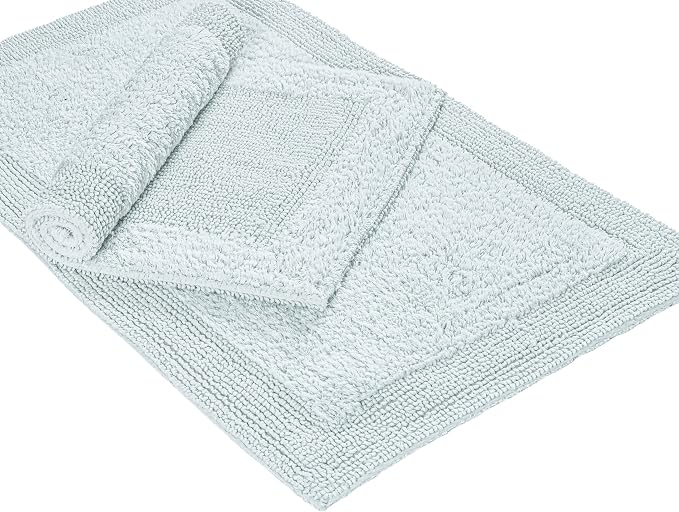 Bedding Craft Bathroom Bath Mat Rug – 100% Cotton, Reversible, Water Absorbent, Machine Washable, Soft Bathmat for Tub Side, Sets 2 Pieces (17x24+21x34) Silver Grey