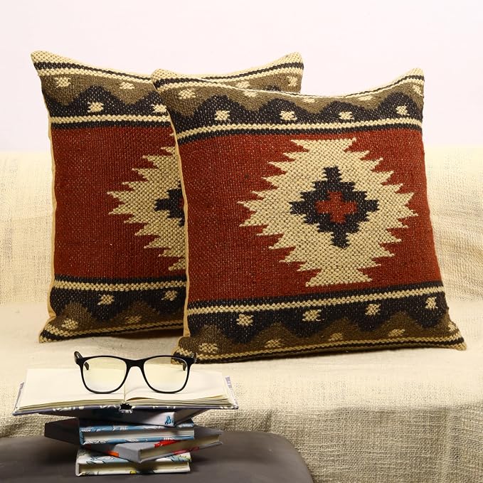 Trade Star 70% Jute 30% Wool Pillow Shams Handloomed Rug Decorative Cushion Case Set of 2 Kilim Cushion Cover Throw Pillow Cover Handwoven Pillowcase 18x18 Inches Designer Cushion Cover (Kilim 12)