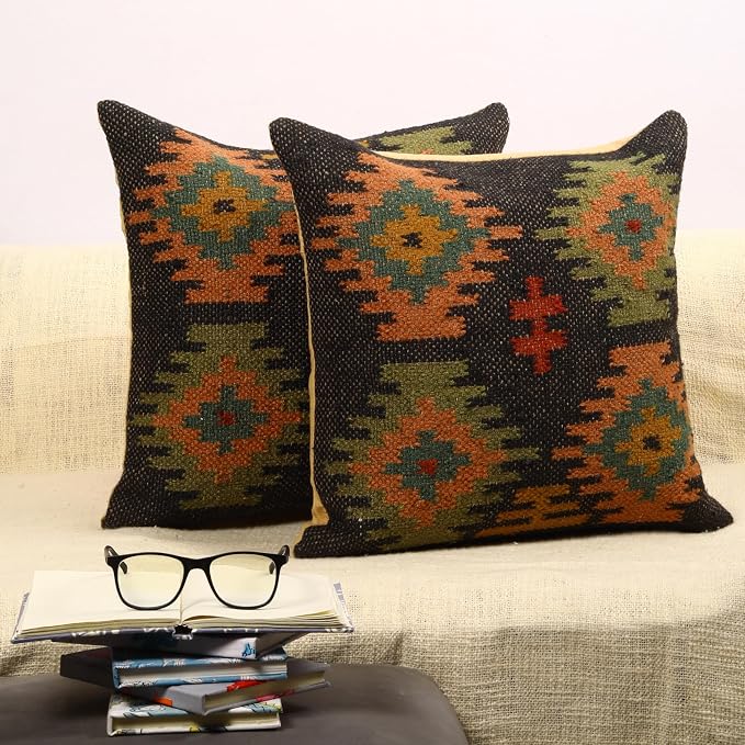 Trade Star 70% Jute 30% Wool Designer Cushion Cover Set of 2 Throw Pillow Covers Kilim Cushion Cover Handwoven Pillowcase Handloomed Rug Decorative Cushion Cases 18x18 Inches (Kilim 14)