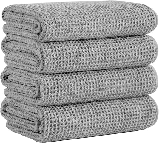 Microfiber Waffle Bath Towels, 4 Pieces, Soft, Absorbent, Fast Drying, Lint Free 430 GSM (Silver)