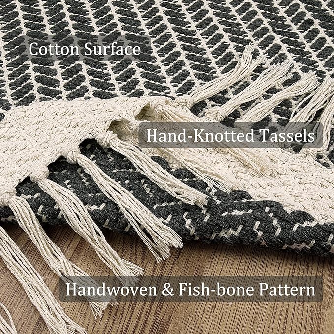 Lahome Belle Boho Hallway Runner Rug, 2x7 Kitchen Runners Rug Washable Bath Rugs for Bathroom Woven Cotton with Tassels, Farmhouse Carpet Non Shedding Grey Rugs for Bedroom Laundry