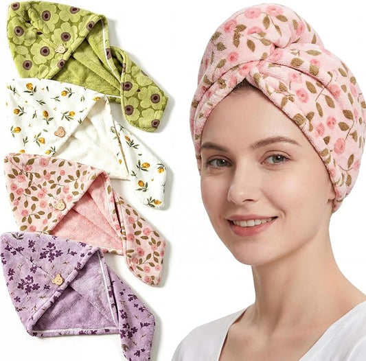 Microfiber Hair Towel Wrap, 4 Pack Floral Fast Drying Hair Towels for Women, Soft Lightweight Quick Dry Turban for Curly & Long Hair, Coral Fleece Hair Towel Wrap Set