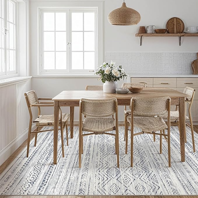 Tortania Area Rug Living Room Rugs- 9x12 Washable Large Soft Neutral Boho Moroccan Bohemian Farmhouse Rug Indoor Floor Carpet for Bedroom Under Dining Table Home Office Decor - Dark Blue