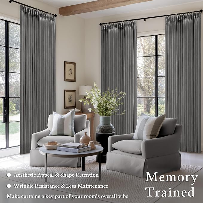 Pinch Pleated Charcoal Grey Linen Curtains 84 Inches Long 2 Panels Set for Living Room Bedroom Dining Pinch Pleat Back Tab Light Filtering Farmhouse Neutral Dark Gray Window Curtain Drapes W50xL84