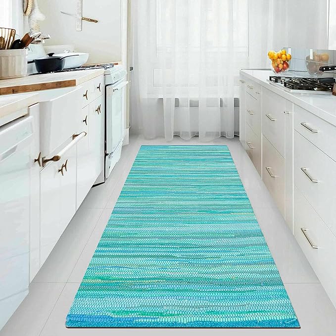 Cotton Hand Woven Chindi Runner Rug 2x6 Feet - Teal, Durable Rectangular Large Door Way Rag Rugs Ideal for Hallways, Kitchen, Bedroom, Nursery Room | Green Soft Reversible Floor Mat for Kids Space