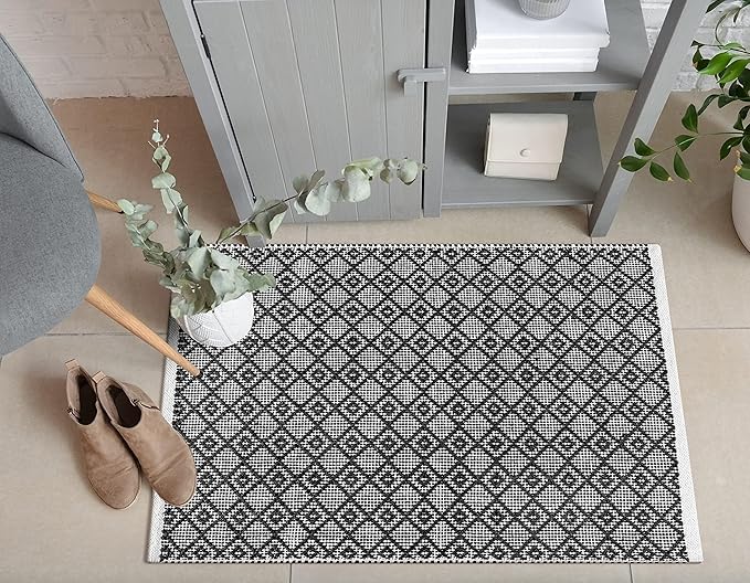 Cotton Diamond Woven Area Rug 2x3 Feet - Black, Non Slip Farmhouse Accent Indoor Outdoor Area Floor Mat Ideal for Entryway, Nursery, Kitchen | Boho Soft Decorative Dark Bedroom Patio Throw Carpet