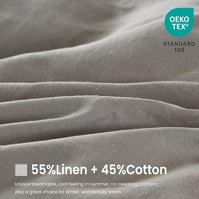 FALUCA French Linen Blend Duvet Cover Set 3Pcs King (104"x92") - Soft, Breathable, Cooling Farmhouse Bedding for Hot Sleeper (King, Light Grey)