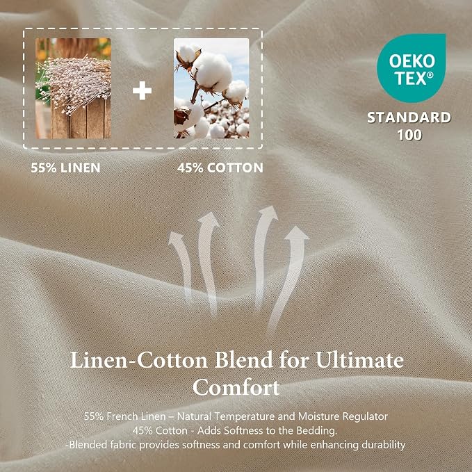 QKTE French Linen Duvet Cover Set, 3 PCS Natural French Flax Beige Duvet Cover Queen Size, Breathable Soft Comfy Linen Bedding Comforter Cover with 2 Pillowcases(Beige, 88" x 92")