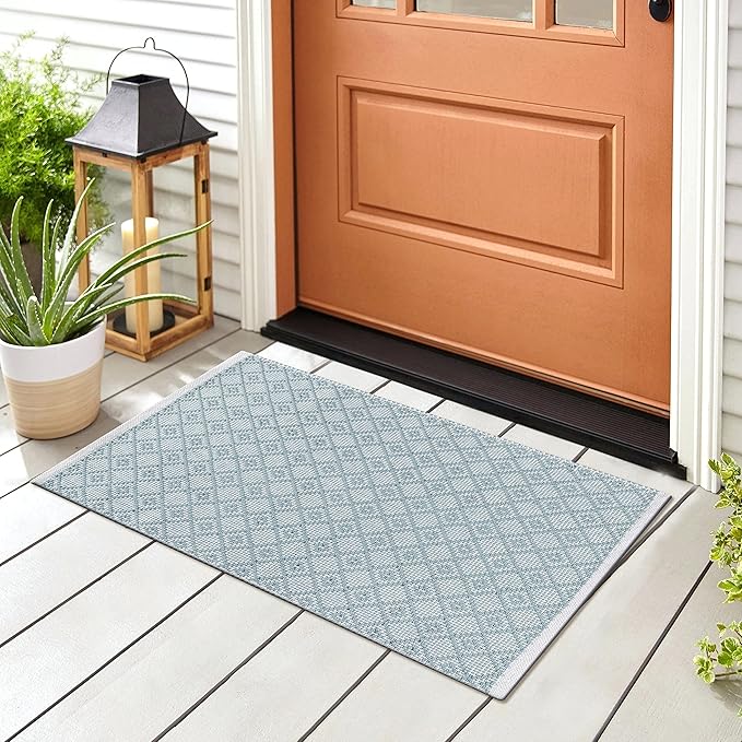Cotton Diamond Woven Area Rug 2x3 Feet - Spa Grey, Anti Slip Decorative Durable Boho Front Door Throw Mats Ideal for Entryway, Kitchen, Office | Teal Farmhouse Indoor Daily Use Patio Rugs for Bedroom