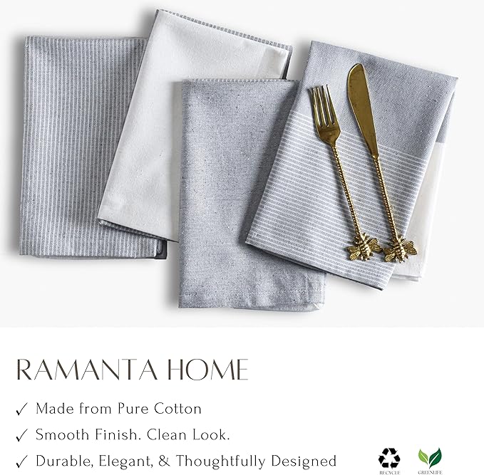Ramanta Home Cloth Napkins Set of 12 18x18 Inches - Spring Basket Decor Block Striped Dinner Napkins for Easter Farmhouse Wedding, Washable Soft Cotton Durable Table Linen for Everyday Use - Grey