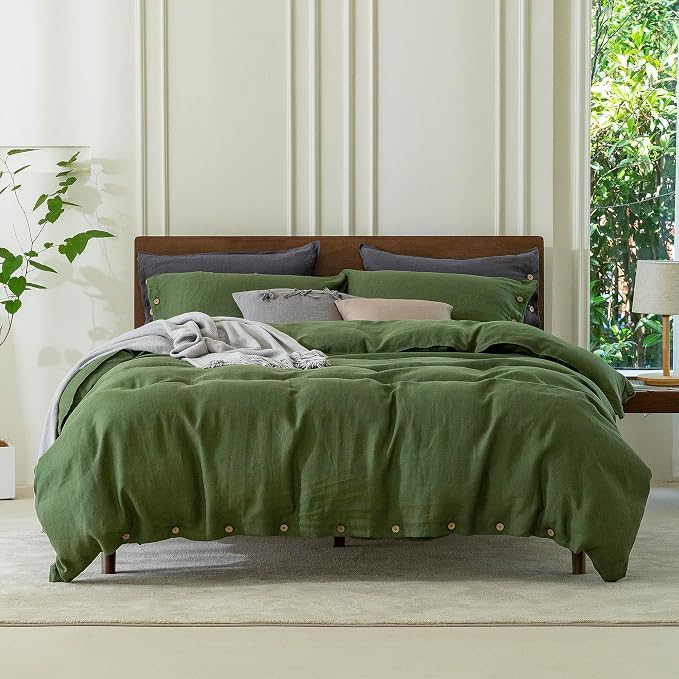 EVERLY 100% Pure Linen Duvet Cover Set Twin Size 68X90Inch 3pcs (1 Duvet Cover,1Pillowcases) Soft and Breathable for All Season with Coconut Button Closure, Suitable for Hot Sleepers-Mossy Green