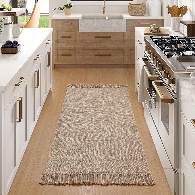 Collive Washable Area Rug 3' x 5', Modern Farmhouse Woven Kitchen Rugs, Tan/Cream Indoor Outddor Mat Braided Throw Carpet for Entryway Bedroom Nursery Laundry Living Room