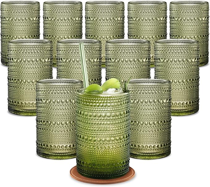 15 Oz Hobnail Drinking Glasses, Green, Set of 12 | With Straws, With Coasters