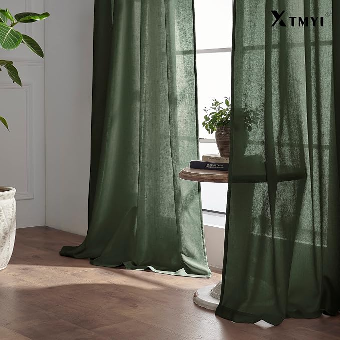 XTMYI 72 Inch Curtains Pleat,Boho Semi Sheer Curtains 72 Inches Long,Window Sheers French Door Curtain Drapes 72 in Length 2 Panel Set for Bathroom Shower Bedroom Living Room,6 FT,Olive Green