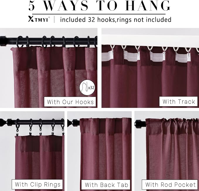XTMYI Red Wine Curtains, 108x50 inches, Linen Look, Semi Sheer, 4 Hanging Methods, Set of 2 for Living Room, Christmas