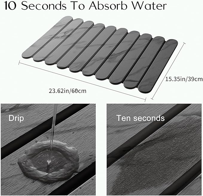 24"×16" Grey Stone Dish Drying Mats for Kitchen Counter, Large Quick Dry Collapsible Eco-Friendly Super Absorbent Diatomaceous Earth Heat-resistant Mat for Dishes Bottles Cups, Match Any Countertop