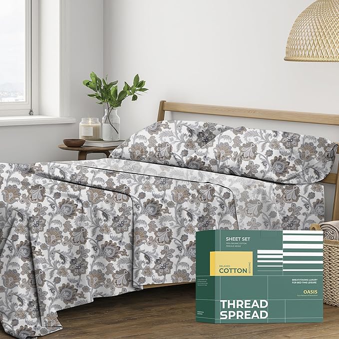 THREAD SPREAD 100% Organic Cotton Sheets Twin XL Size - Organic Cotton Percale Weave Sheet Set (3 PC, Floral Ivory), Soft, Cooling, Crisp & Breathable, 16" Deep Pocket Hotel Quality Bedding Set