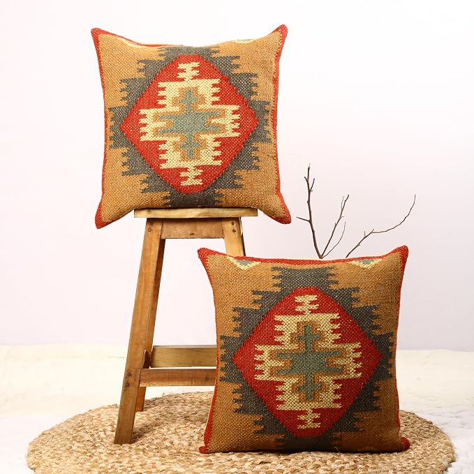 Trade Star Set of 2 Throw Pillow Covers Handloomed Rug Decorative Cushion case 70% Jute 30% Wool Desinger Handwoven Pillowcase Kilim Cushion Covers 18x18 Inches (Kilim 13)