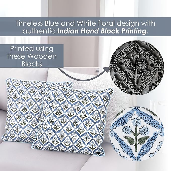 SheetKart Cotton Throw Pillow Covers - Set of 2 - Hand Block Cotton Printed Boho Decorative Pillow Covers - Cushion Covers for Living Room, Bohemian Theme, 17x17 Inches, Floral Blue