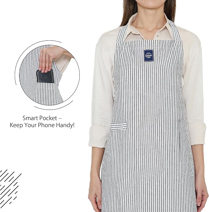 Encasa XO Cotton Kitchen Aprons for Women & Men with Pocket & Towel Loop, Adjustable Neck & Back Strap for Cooking, Baking
