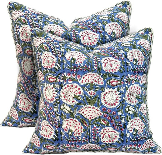 ATOSII Block Print Throw Pillow Covers, 18 X 18 - Set of 2, Decorative Couch Pillows for Living Room Bed Sofa, 100% Cotton Canvas Pillowcase for Home Decor & Outdoors, Preppy Throws - Clover Pink