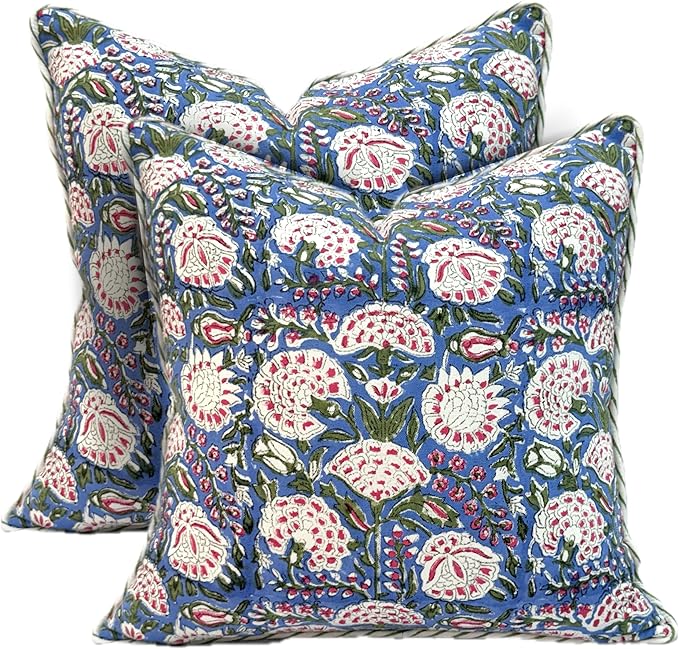 ATOSII Block Print Throw Pillow Covers, 20 X 20 - Set of 2, Decorative Couch Pillows for Living Room Bed Sofa, 100% Cotton Canvas Pillowcase for Home Decor & Outdoors, Preppy Throws - Clover Pink