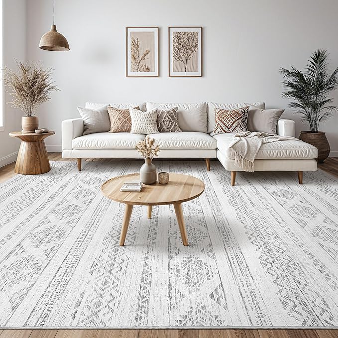 Tortania Area Rug Living Room Rugs - 5x8 Washable Large Soft Neutral Boho Moroccan Bohemian Farmhouse Rug Indoor Floor Carpet for Bedroom Under Dining Table Home Office Decor - Ivory Gray