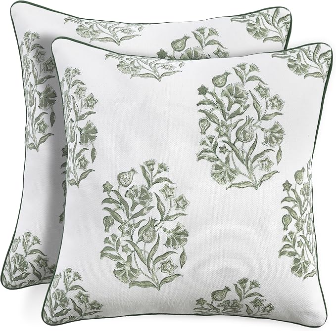 CPC Sage Green Block Print Throw Cushion Cover 18 x 18 Inch Set 2 - Decorative Boho Floral Pillow Case for Living Room, Bed, Sofa, Couch, Home Decor Cushion Cover Gift for Spring, Mother's Day