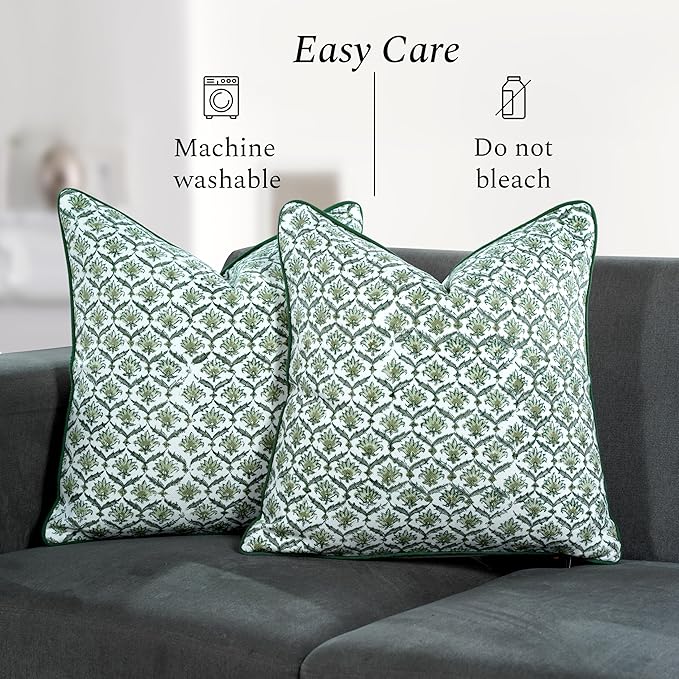 CPC Moss Green Block Print Throw Cushion Cover 20 x 20 Inch Set 2 - Decorative Boho Floral Pillow Case for Living Room, Bed, Sofa, Couch, Home Decor Cushion Cover Gift for Spring, Mother's Day