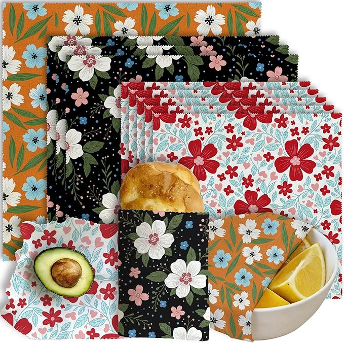 Reusable Beeswax Wraps, 9 Pack Eco-Friendly Food Storage, Organic, Sustainable, Zero Waste, Plastic-Free, For Sandwich, Snack, Bowl, Bread, Fruit, 1XL, 3M, 5S, Assorted Floral Patterns