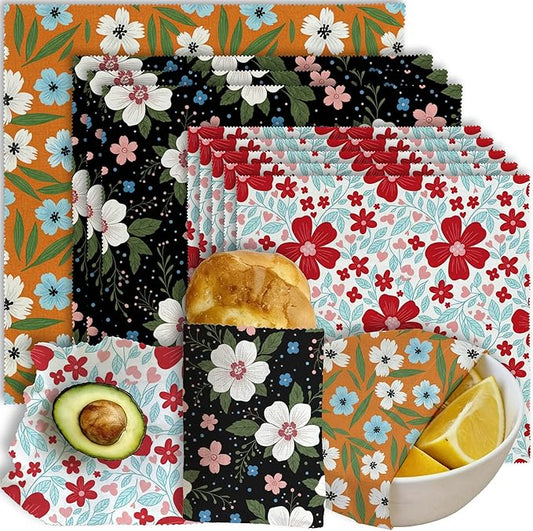 Reusable Beeswax Wraps, 9 Pack Eco-Friendly Food Storage, Organic, Sustainable, Zero Waste, Plastic-Free, For Sandwich, Snack, Bowl, Bread, Fruit, 1XL, 3M, 5S, Assorted Floral Patterns