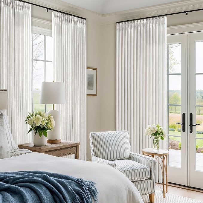 Beige White Pinch Pleated 96 Inch Curtains 2 Panel Set for Living Dining Room Neutral Thick Linen Semi Sheer Ceiling Track Curtain Light Filtering Privacy Bedroom Drapes Window Treatment W50xL96
