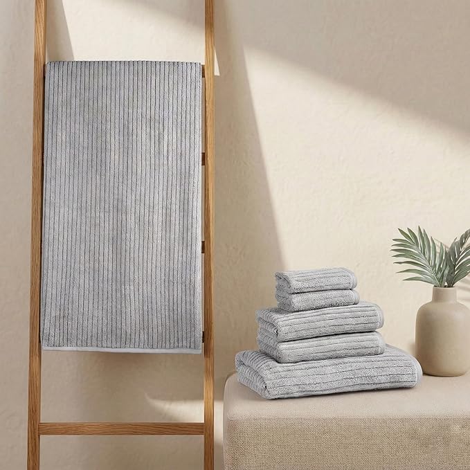 BIOWEAVES 100% Organic Cotton 6-Piece Luxury Bathroom Ribbed Towel Set GOTS Certified 700 GSM, 2 Bath Towel, 2 Hand Towel & 2 Wash Cloths - Lunar Rock
