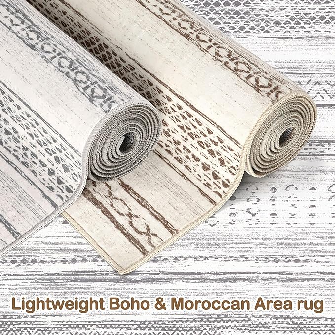 Tortania Area Rug Living Room Rugs - 5x8 Washable Large Soft Neutral Boho Moroccan Bohemian Farmhouse Rug Indoor Floor Carpet for Bedroom Under Dining Table Home Office Decor - Light Grey