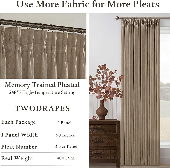 Latte Pinch Pleated Linen Curtains 102 Inch Length 2 Panels Set Rustic Light Brown Light Filtering Privacy Pleat Curtain for Living Room Bedroom Sliding Door Back Tab Flax Linen Drapes 102 Inches