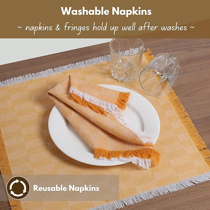 Native Fab Cloth Napkins Set of 4, 16"x16", Herringbone Weave, 100% Cotton Napkins with Handmade Fringes, Resuable Table Napkins for Dinner, Cocktail, Holiday, Wedding - Mustard Yellow