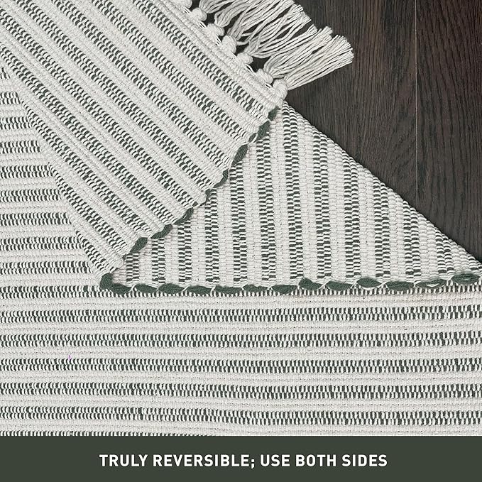 Chardin home Green & Ivory Providence Throw Rug 2x6 feet |Hand Woven Farmhouse Rug | Great in Kitchens entryways doormats Bathrooms Meditation Mat | Machine Washable & Reversible Cotton Rug