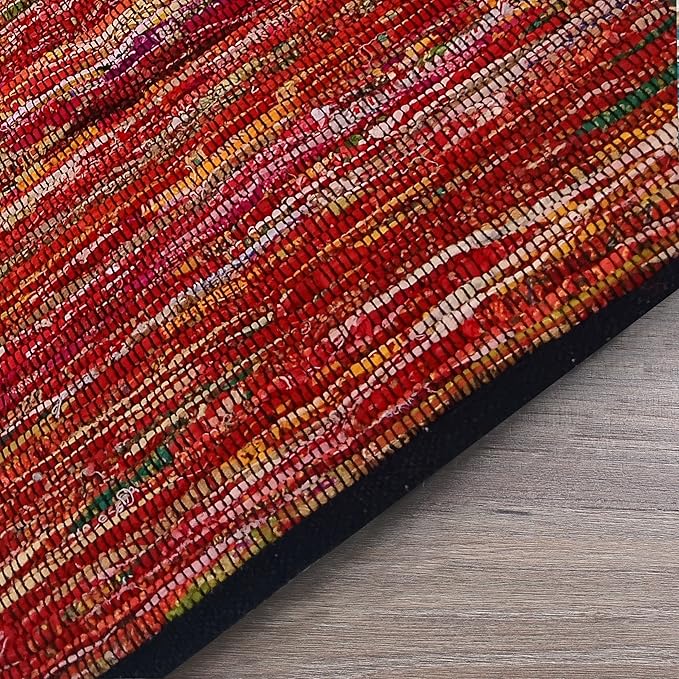 Cotton Hand Woven Area Runner Rug 2x6 Feet - Multi, Farmhouse Indoor Outdoor Decorative Floor Runners Ideal for Hallways, Kitchen, Bedroom | Red Reversible Recycled Patio Mat for Living Room