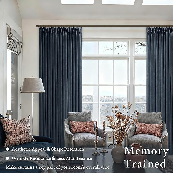Dark Blue Linen Curtains 80 Inches Long 2 Panels Set for Living Room Pinch Pleated Semi Sheer Window Drapes Light Filtering Boys Men Bedroom Curtain with Back Tab 50 x 80 Inch Length Navy Indigo