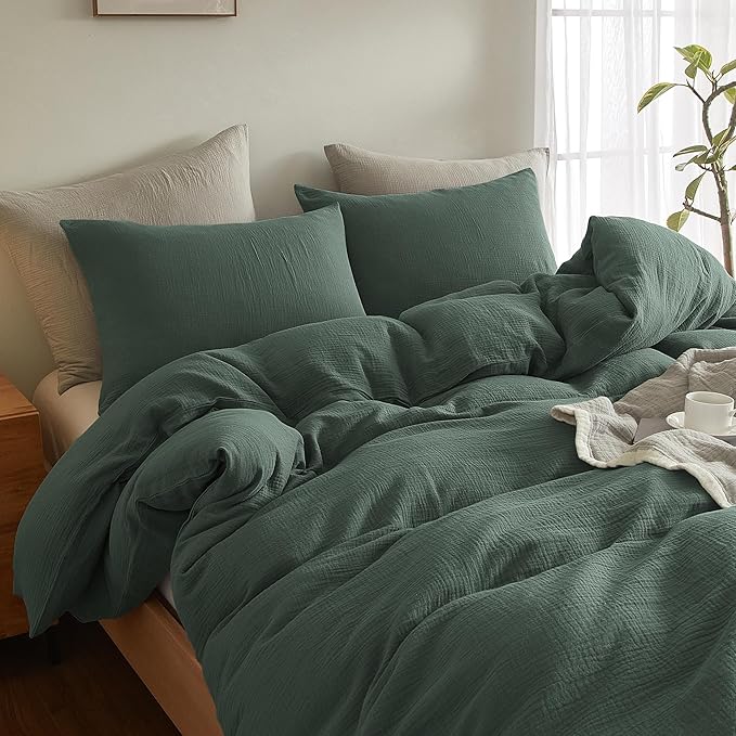 SE SOFTEXLY Muslin Duvet Cover California King Size, 100% Washed Cotton Duvet Cover Set, Ultra Soft Comforter Cover Linen Like, 3 Pieces Gauze Duvet Cover with 2 Pillowcases, 98"x104", Forest Green