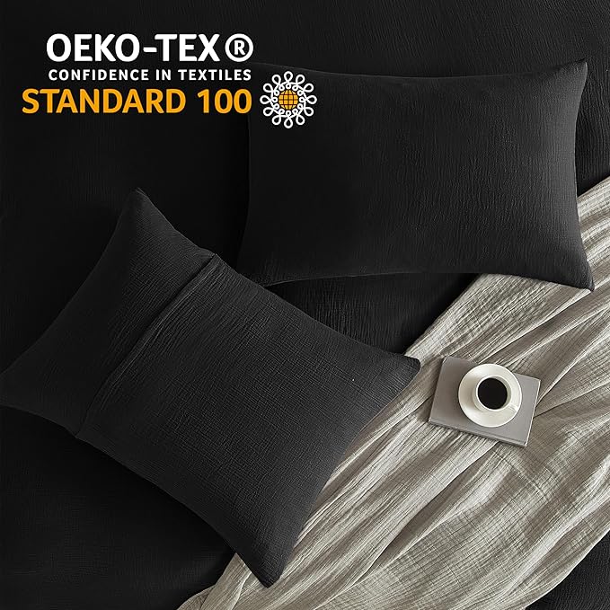 SE SOFTEXLY Muslin Duvet Cover King Size, 100% Washed Cotton Duvet Cover Set, Ultra Soft Comforter Cover Linen Like, 3 Pieces Minimalist Gauze Duvet Cover with 2 Pillowcases, 90"x104", Black
