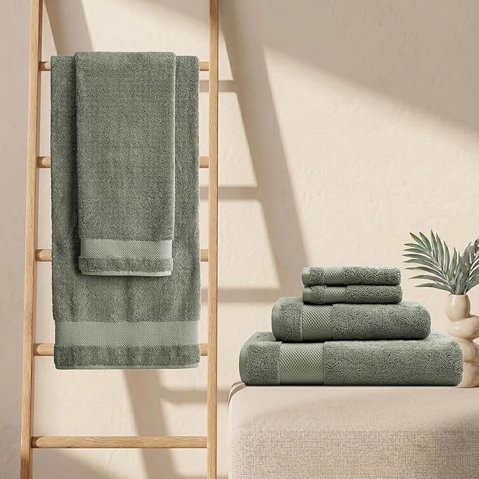 BIOWEAVES 100% Organic Cotton Bath Towel Set | 700 GSM Plush 6-Piece Premium Towel Set GOTS Certified, 2 Bath Towels, 2 Hand Towels & 2 Washcloths - Sage