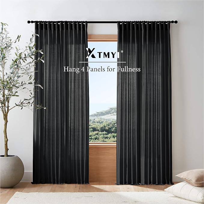 XTMYI Back Tab/Hook Belt Linen Cotton Sheer Curtains for Bedroom,2 Panels,102 Inch Length,Black 50 Inch Wide