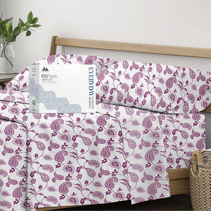 Mayfair Linen 100% Organic Cotton Printed Sheets California King Size - Percale Weave Cotton Cal King Size Sheet Set (4 PC, Paisley), Soft & Crisp, GOTS Certified, Cooling Sheets, 16" Deep Pocket