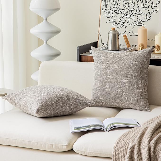 Kevin Textile Pillow Covers Faux Linen Toss Soft Throw Cushion Cases for Couch Sofa Bedroom, Invisible Zipper, 18x18 inches (Set of 2, Sesame Grey)