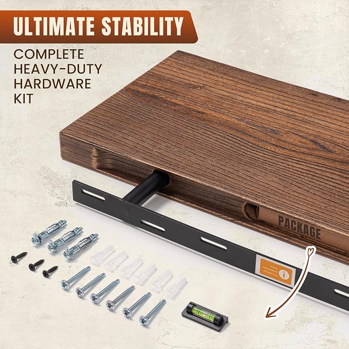 55" Live Edge Floating Shelf, Solid Elm Wood Wall Shelf | 1.4" Thick, 9.3" Deep, 50 lb Load Capacity, FSC Certified Solid Elm Display Shelf for Living Room, Bedroom, Kitchen & Office