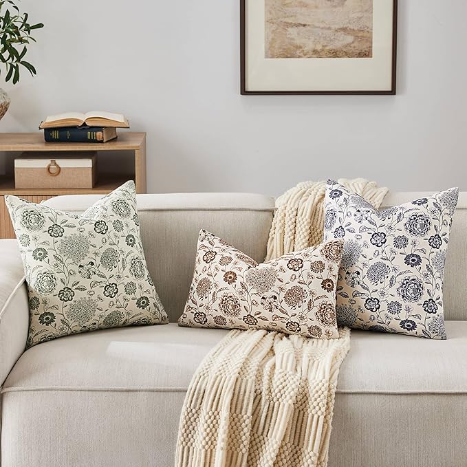 100% Cotton Botanical Throw Pillow Covers Set of 2, 22x22 Inch Brown, Farmhouse Double-Sided Floral Print Decorative Cushion Covers Pillow Cases Boho Home Decor